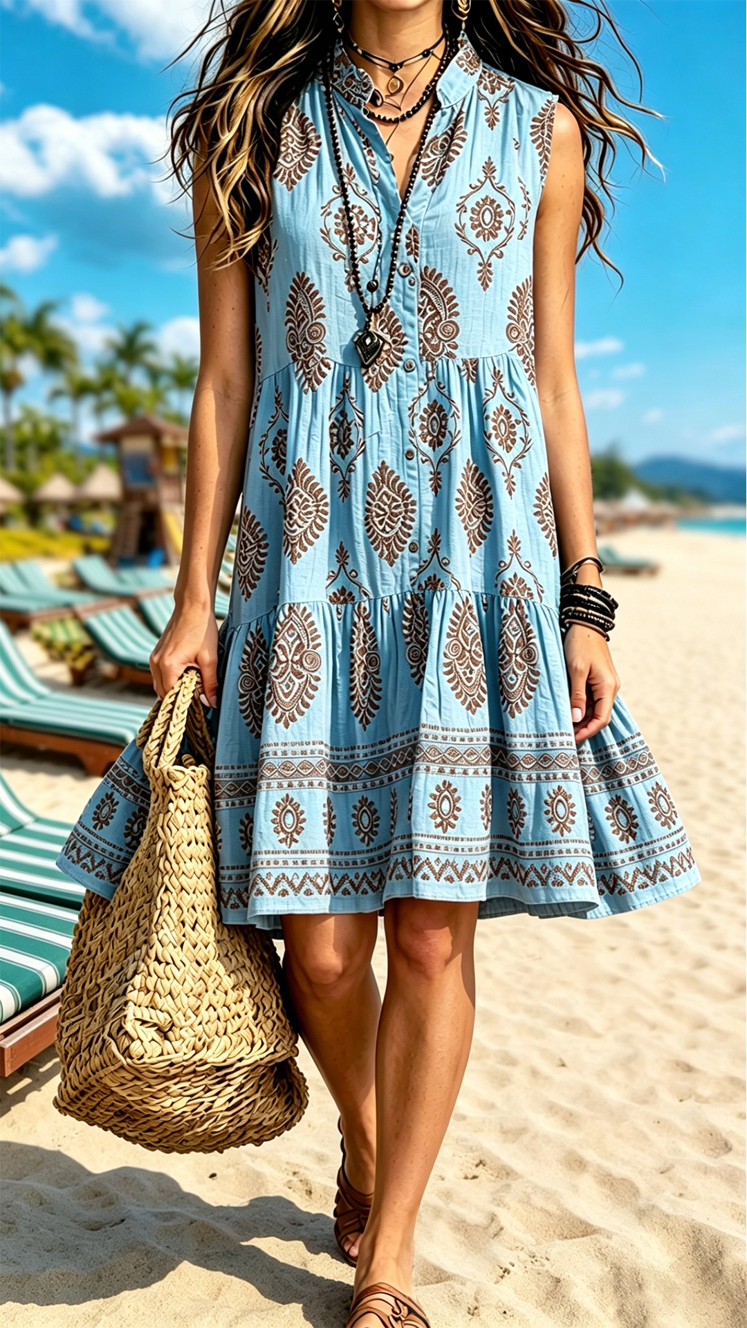 Bohemian-Style Printed Sleeveless Maxi Dress with Shirt Collar