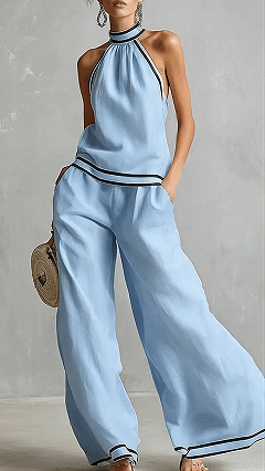 Women's Cotton-Blend Light Blue Halter Contrast Trim Wide-Leg Pants Set