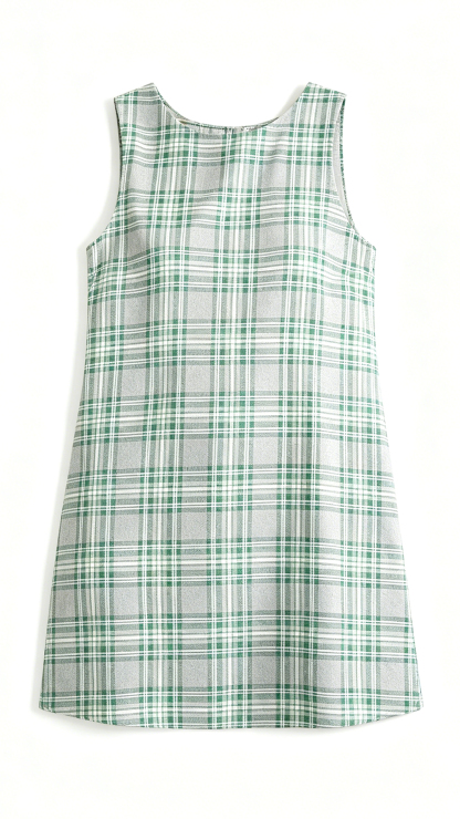 Vintage-tone Scottish plaid sleeveless mini dress, round neck, loose A-line vest dress