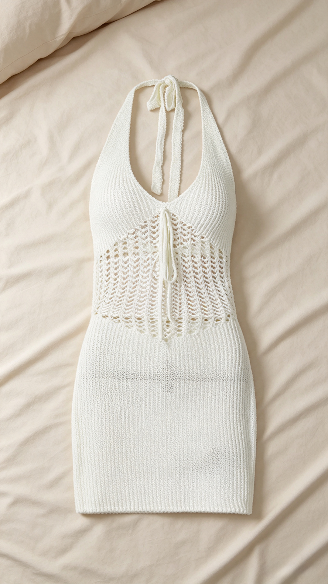 White Crochet Knit Beach Cover Up Dress – Backless Halter Mini Summer Resort Dress