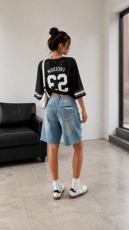 Women Light Wash Distressed Straight Leg Denim Bermuda Shorts