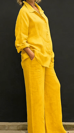 Women's Linen Lapel Shirt & Wide-Leg Pants Two-Piece Set