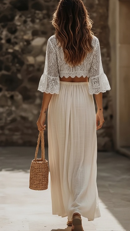 Women's Elegant Beach Set: Lace-Paneled Skirt and Top
