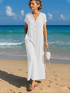 Women's Maxi Dress A Line Dress Summer Dress Casual Daily Loose Fit Plain Short Sleeve V Neck Blue Black White Camel Summer