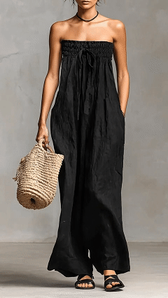 Women's Solid Color Strapless Casual Loose Cotton And Linen Jumpsuit