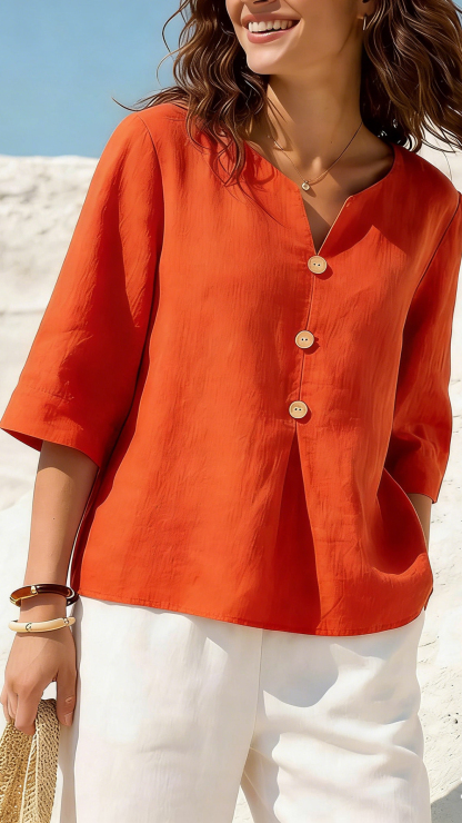 Women's Solid Color V-neck 3/4 Sleeve Casual Loose Cotton Linen Top