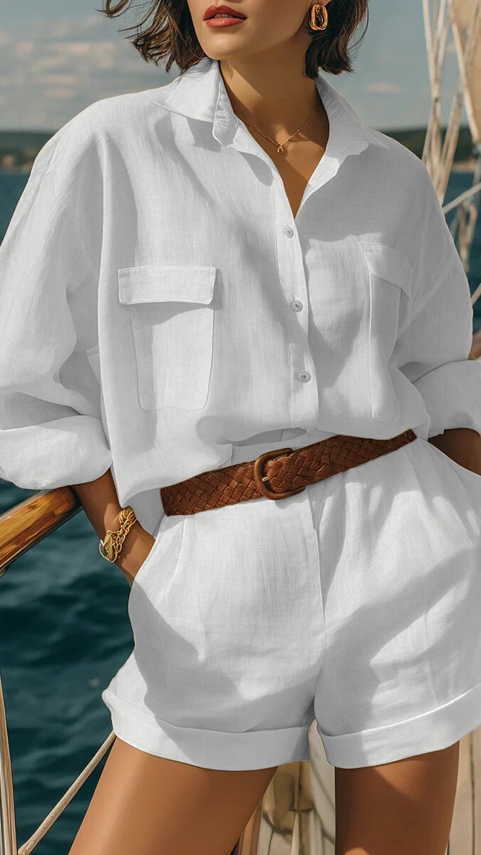 Women's Loose-Fit Cotton-Linen Fashion Casual Set with Front Buttons