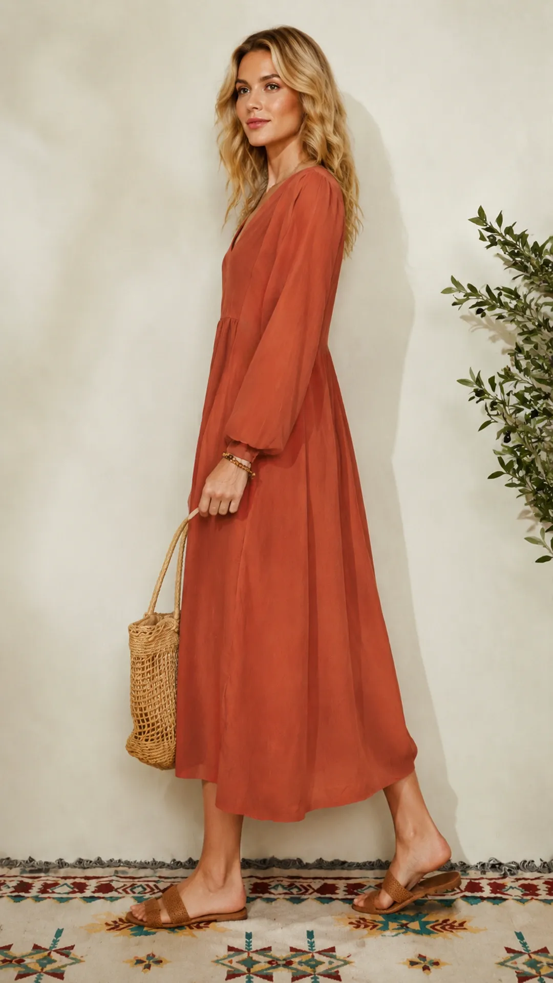 Women Vintage Long Sleeve Flowy Boho Midi Dress Casual Daily Wear