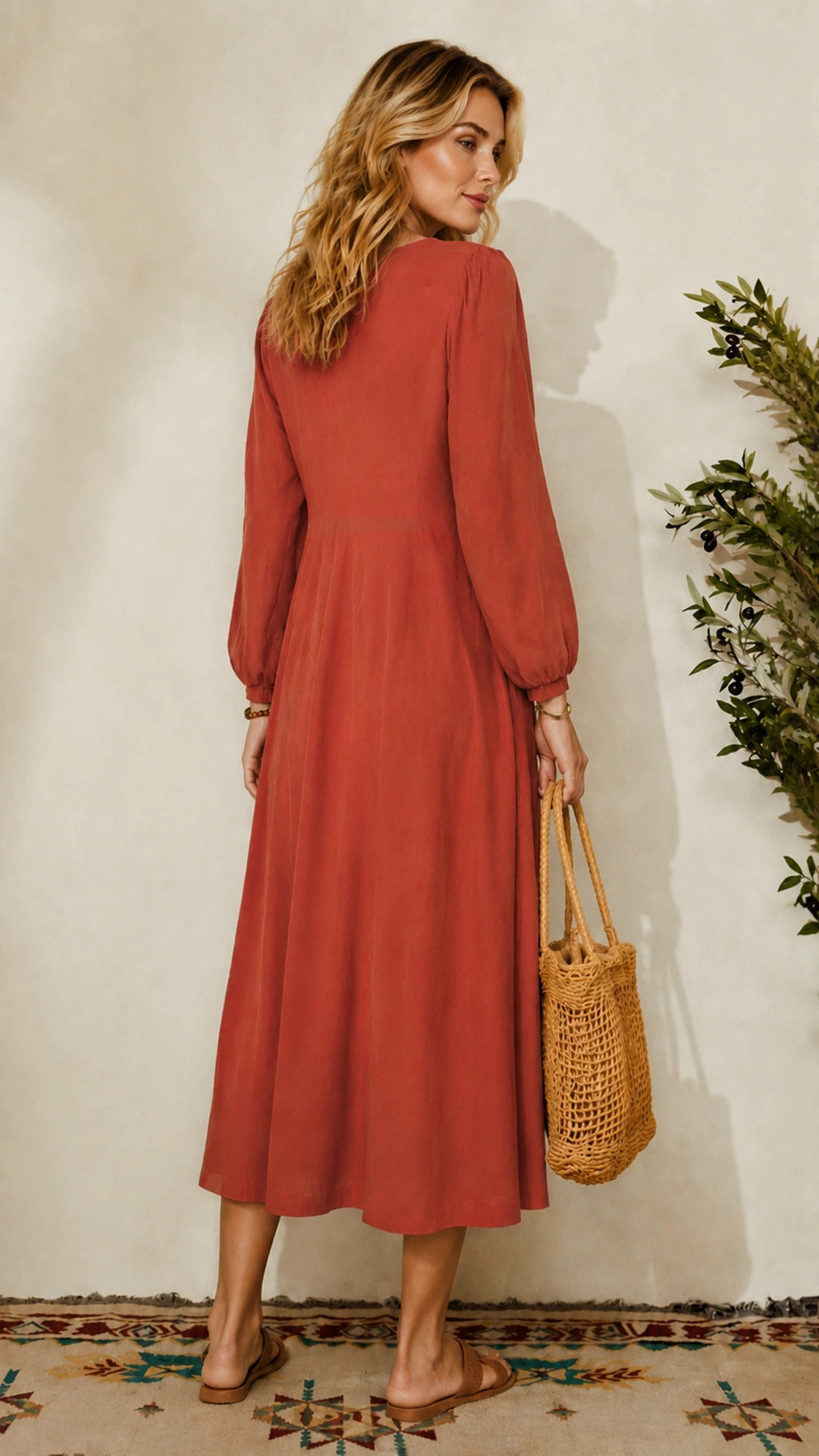 Women Boho V Neck Puff Long Sleeve Empire Waist Flowy Midi Casual Vacation Dress

