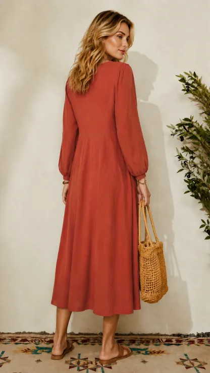 Women Boho V Neck Puff Long Sleeve Empire Waist Flowy Midi Casual Vacation Dress

