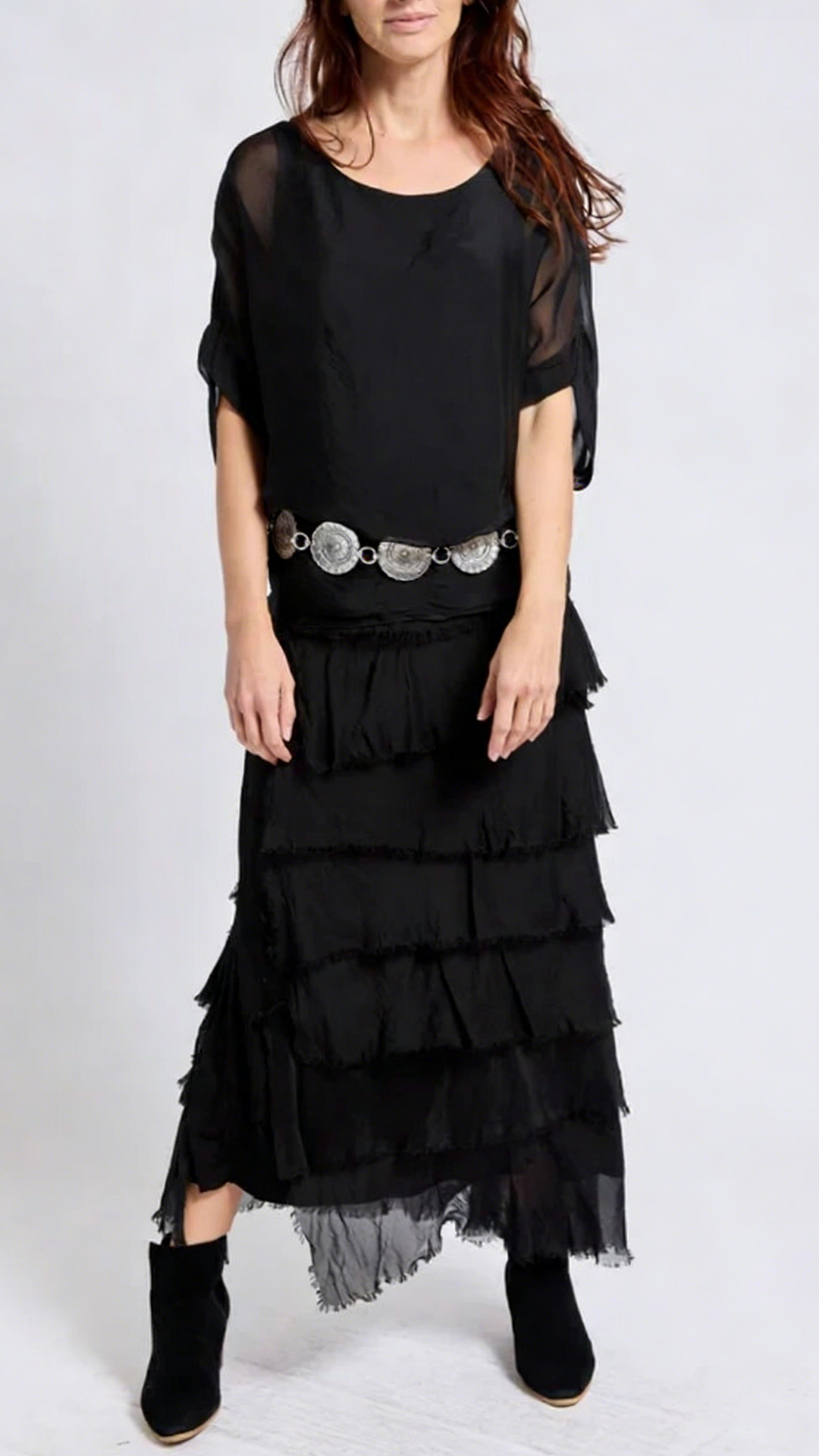 Women's solid color chiffon round neck three-quarter sleeve dress