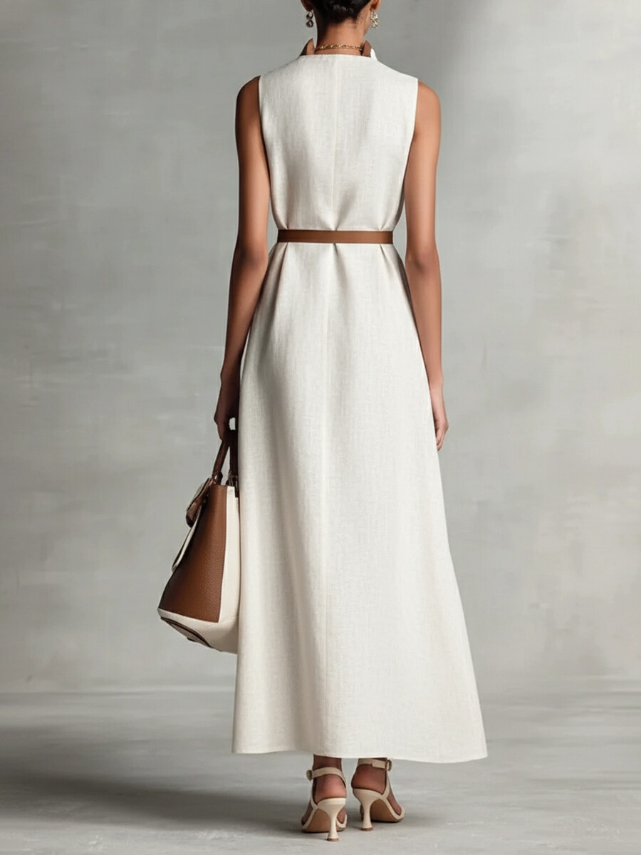 Daily White Colorblock Stand-Up Collar Pocket Boho Contrast Linen Maxi Dresses
