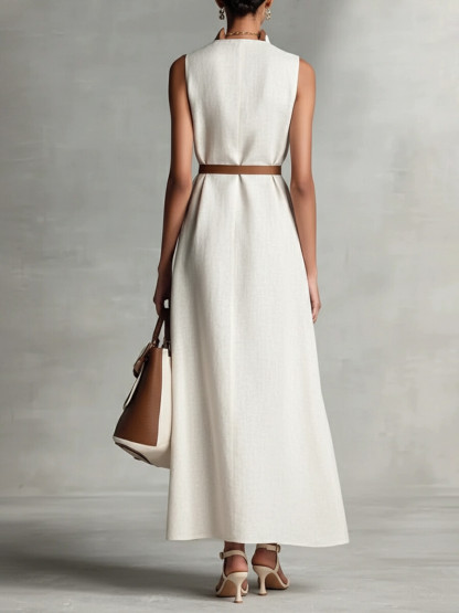 Daily White Colorblock Stand-Up Collar Pocket Boho Contrast Linen Maxi Dresses