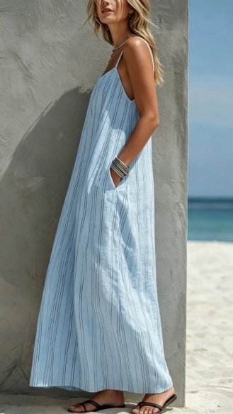 Women's Striped Creative Casual Vacation-Style Sleeveless Strappy Dress