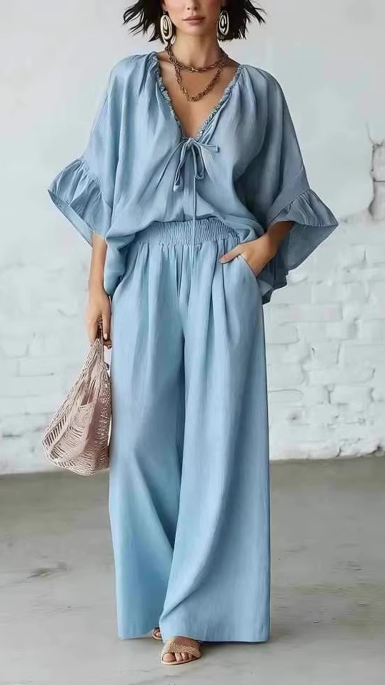Women's Casual Vacation Two-Piece Set: Loose-Fit Cotton-Linen V-Neck Top and Wide-Leg Pants