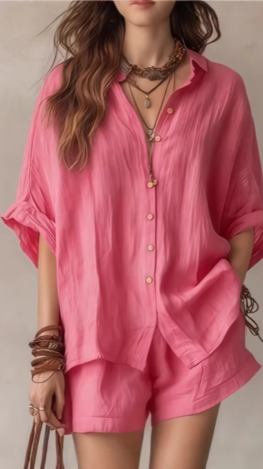 Women's Casual Solid-Color Shirt Two-Piece Set
