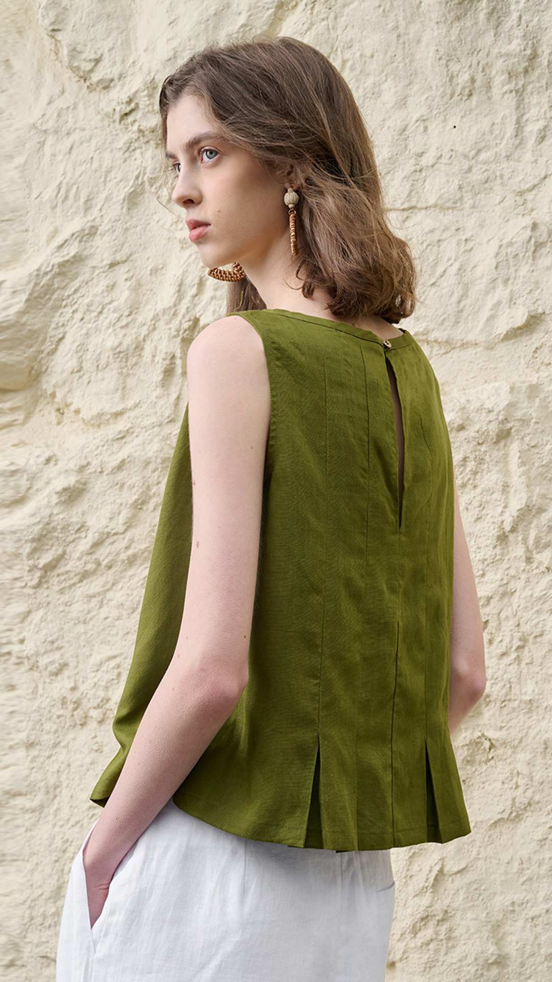 Women's Cotton-Linen Sleeveless A-Line Top with Ruffled Hem