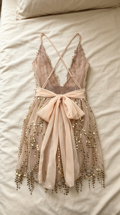 Sequin Fringe Mini Dress – Backless V Neck Summer Party Dress for Women