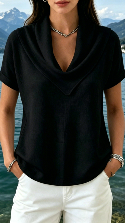 Women's Cowl Neck Cotton-Blend Short-Sleeve Top