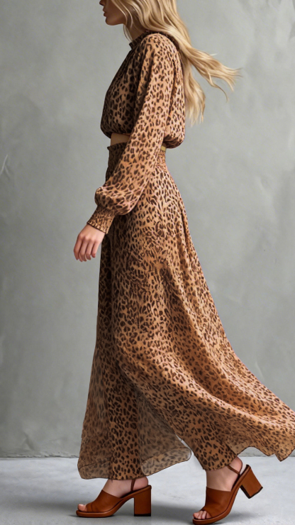 Women's Cotton-Blend Leopard Print Cropped Top & Wide-Leg Pants Set