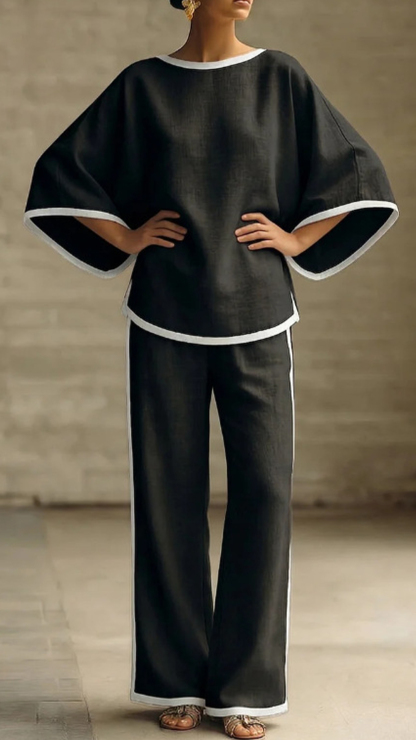 Women's Cotton-Blend Off-White Trimmed Loose Top & Wide-Leg Pants Set