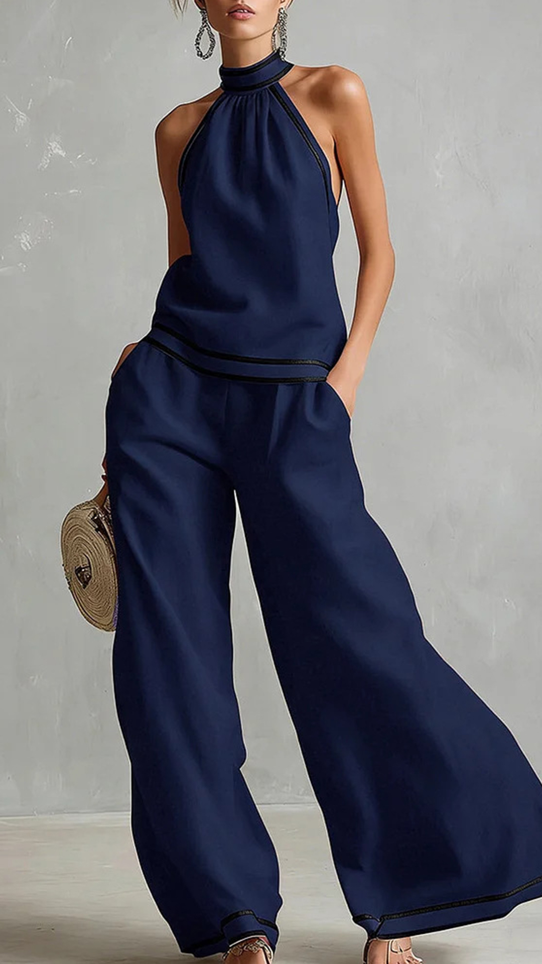 Women's Cotton-Blend Light Blue Halter Contrast Trim Wide-Leg Pants Set