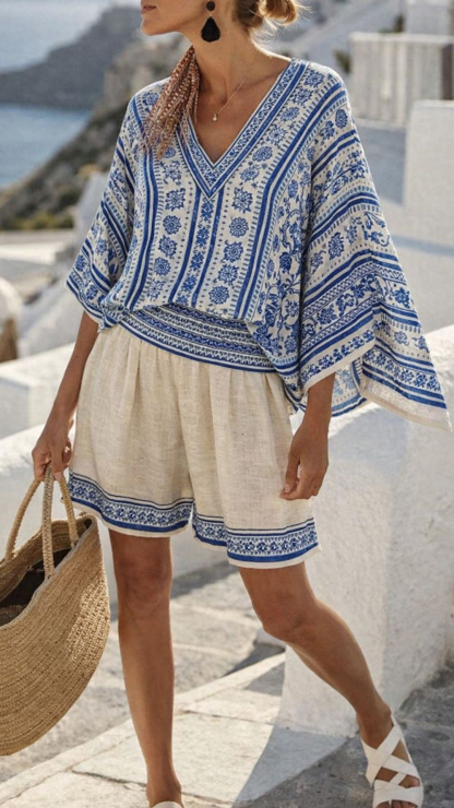 Women's Cotton‑blend Off‑ Striped V‑Neck Batwing Sleeve Waist‑cinched Shorts Set
