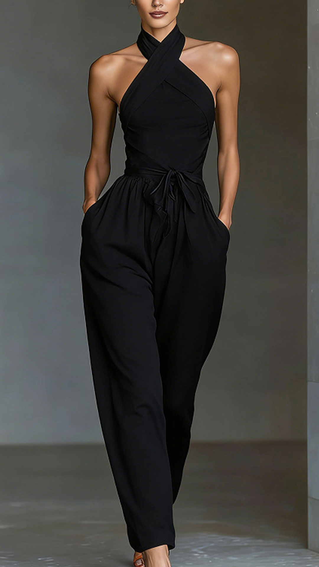 Women's Cotton‑blend Peacock Blue Crisscross Halter Waist‑cinched Wide‑Leg Jumpsuit
