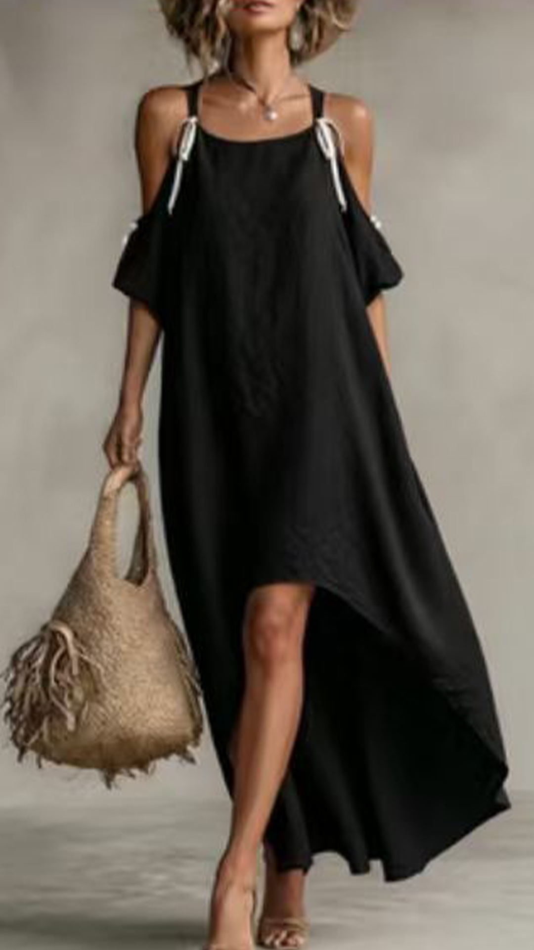 Women's Cotton‑blend Warm Orange Tie‑Strap Cold‑Shoulder Irregular‑Hem Midi Dress