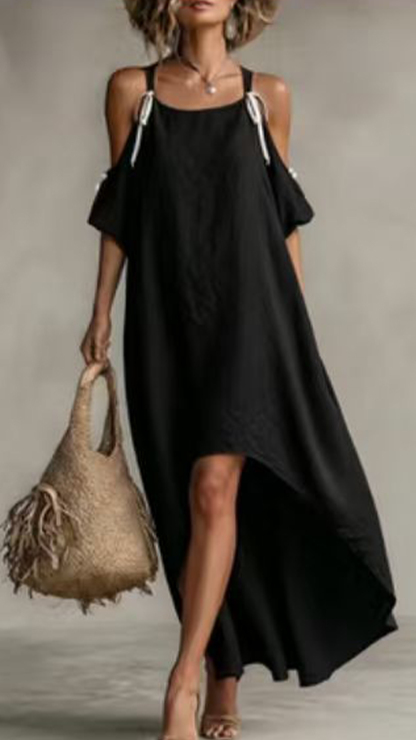 Women's Cotton‑blend Warm Orange Tie‑Strap Cold‑Shoulder Irregular‑Hem Midi Dress