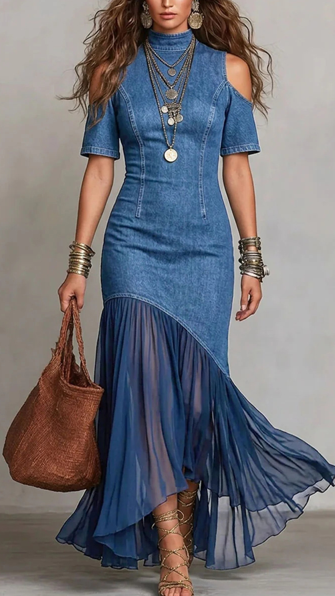 Women's Cotton-blend Imitation Denim Spliced Cold‑shoulder Short‑sleeve Waist‑cinched Irregular Maxi Dress