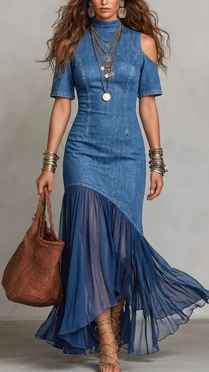 Women's Cotton-blend Imitation Denim Spliced Cold‑shoulder Short‑sleeve Waist‑cinched Irregular Maxi Dress