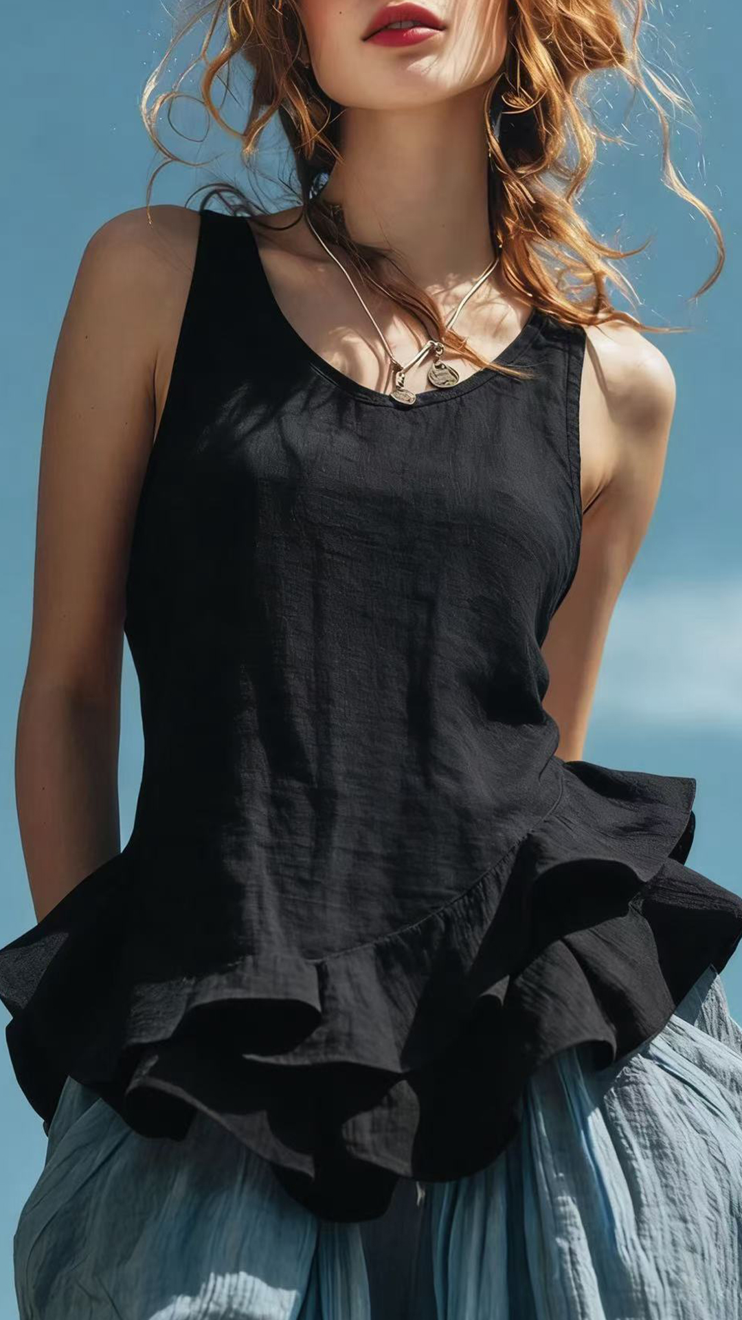Women's Cotton‑blend U‑neck Sleeveless Ruffle Waist‑cinched Top