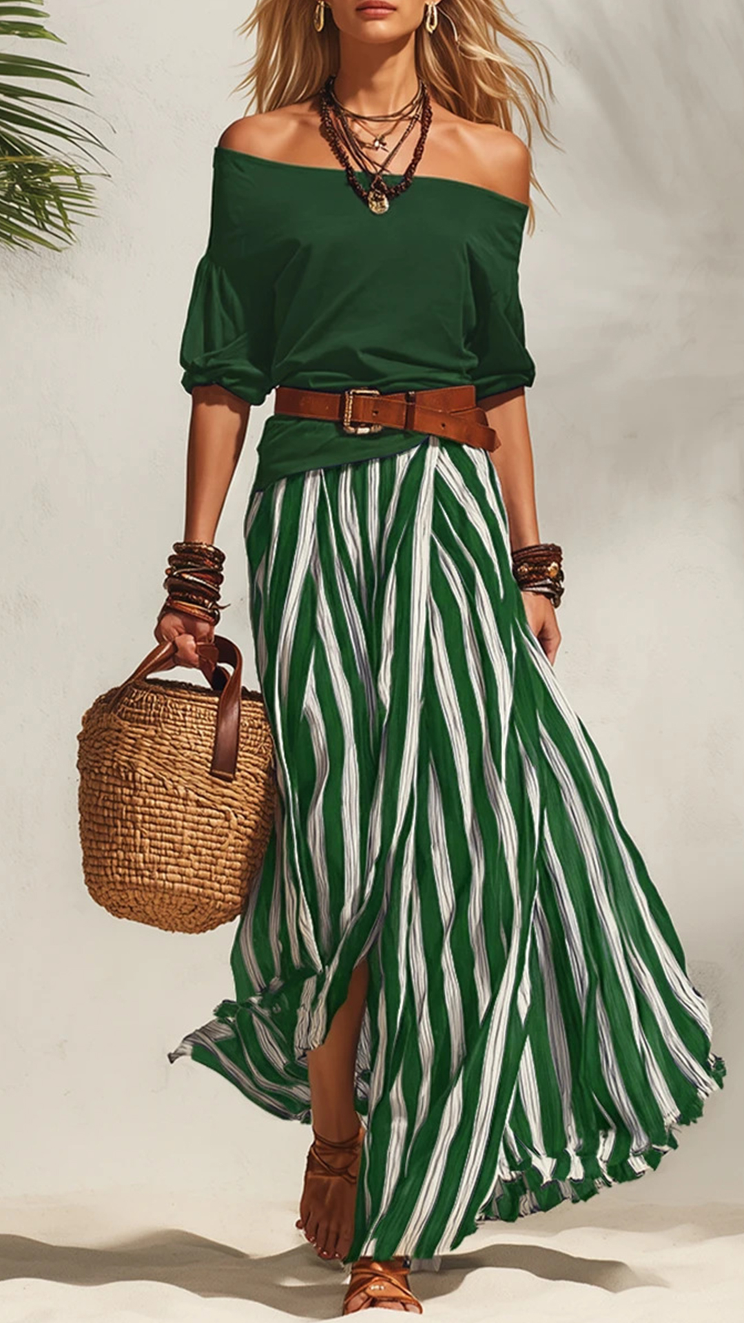 Women's Cotton‑blend Off‑the‑shoulder Mid‑sleeve Top & Blue‑white Striped Slit Maxi Skirt Set