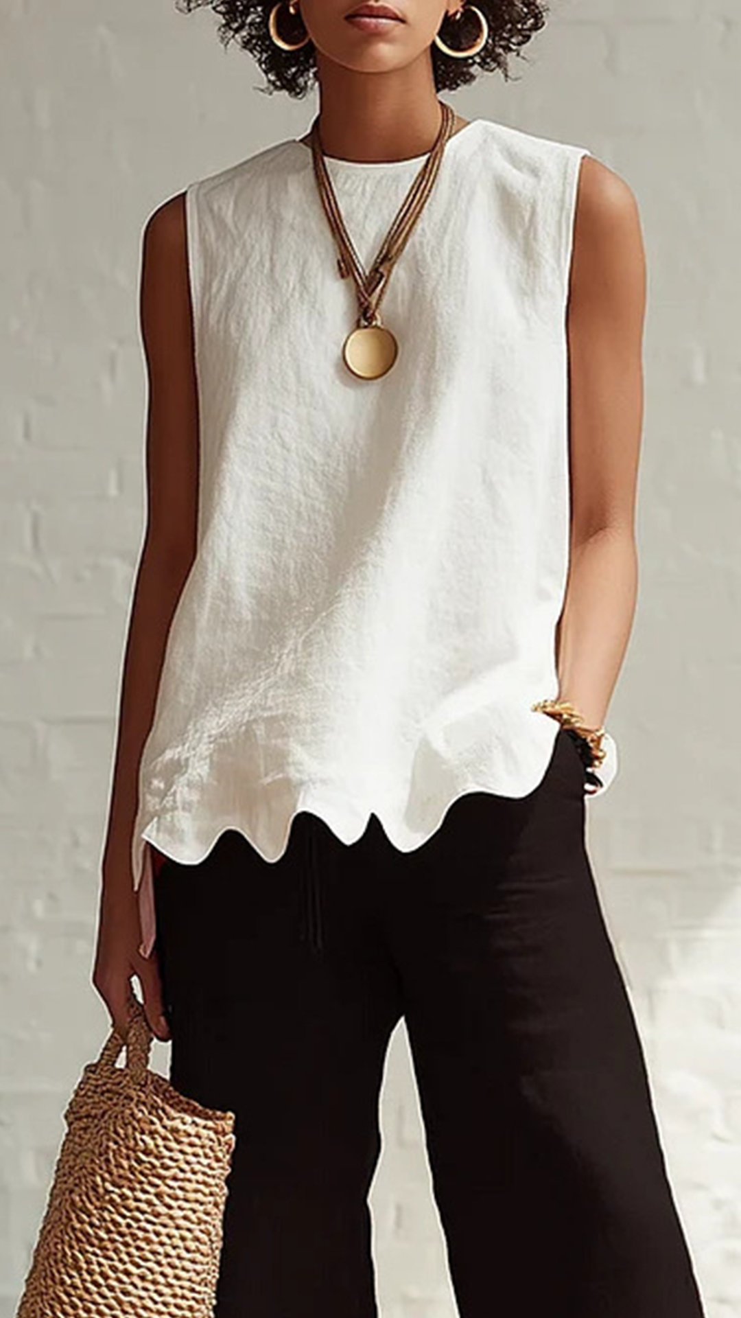 Women's Cotton‑blend Crew‑neck Sleeveless Scalloped‑hem Waist‑cinched Top