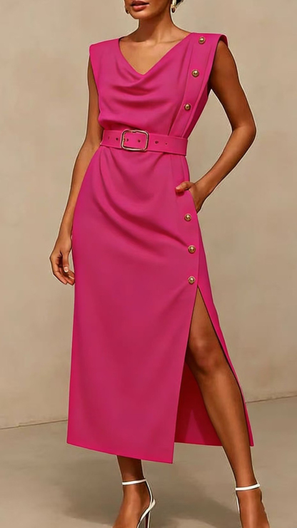 Women's Cotton‑blend Off Cowl‑neck Sleeveless Belt‑waist Slit Midi Dress