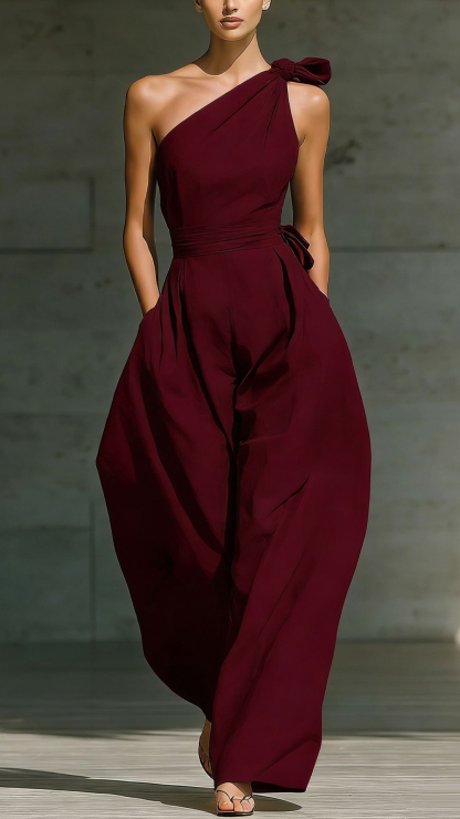 Women's Cotton‑blend  One‑shoulder Bow‑decorated Tie‑waist Wide‑leg Jumpsuit
