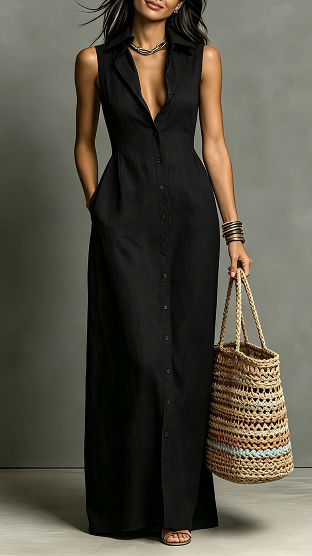 Women's Cotton‑blend Collared Sleeveless Single‑breasted Waist‑cinched Maxi Dress
