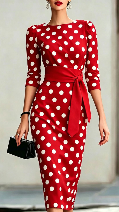 Women's Cotton‑blend Black‑white Polka‑dot Boat‑neck Mid‑sleeve Tie‑waist Bodycon Midi Dress