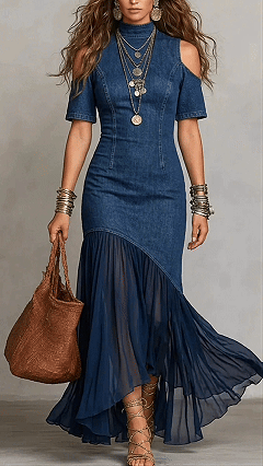 Women's Cotton-blend Imitation Denim Spliced Cold‑shoulder Short‑sleeve Waist‑cinched Irregular Maxi Dress
