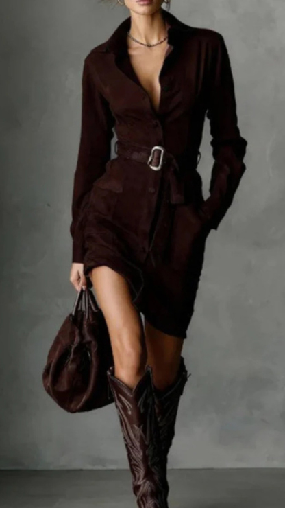 Women's Cotton‑blend Lapel Long‑sleeve Waist‑belted Irregular Mini Dress