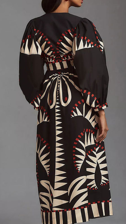 Women's Cotton‑blend Black‑base Geometric‑print V‑neck Puff‑sleeve Waist‑cinched Slit Midi Dress