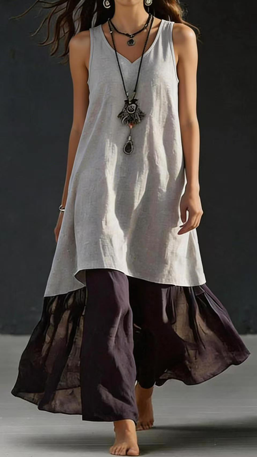 Women's Cotton‑blend Light‑blue V‑neck Sleeveless Color‑block Spliced Loose Maxi Dress