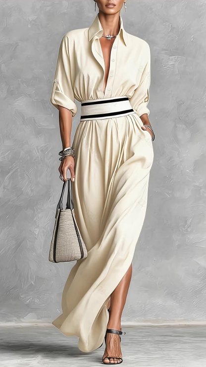 Women's Cotton‑blend Black Lapel Shirt‑style Slit Loose Maxi Dress
