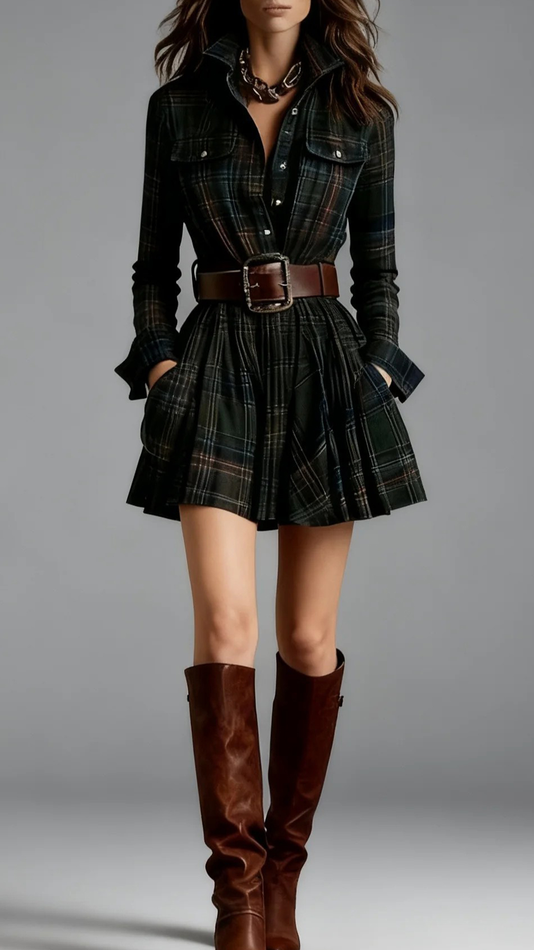 Women's Cotton‑blend Plaid Long‑sleeve Lapel Belted Pleated Mini Dress