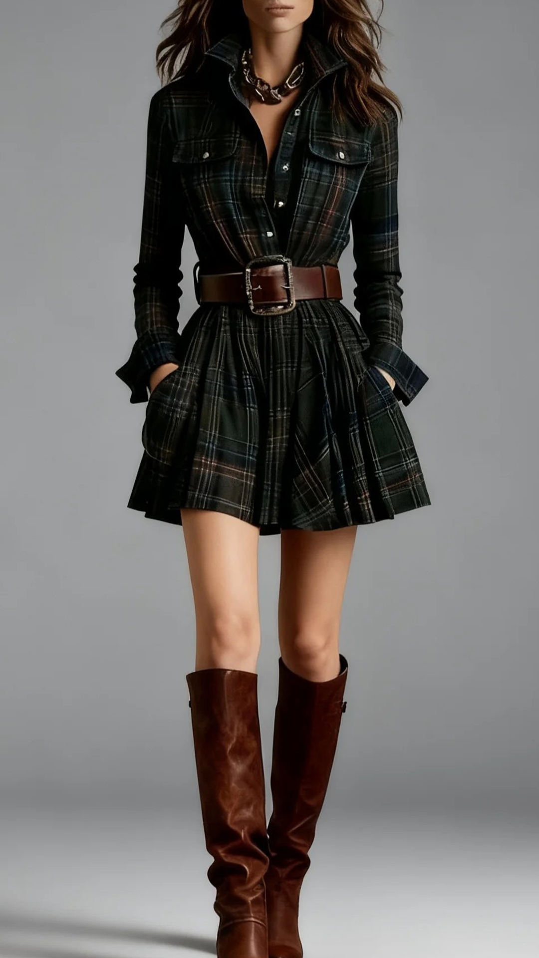 Women's Cotton‑blend Plaid Long‑sleeve Lapel Belted Pleated Mini Dress