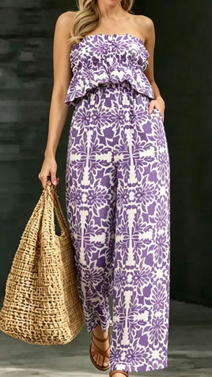 Women's Cotton‑blend Navy‑blue Floral‑print Strapless Ruffled Wide‑leg Jumpsuit