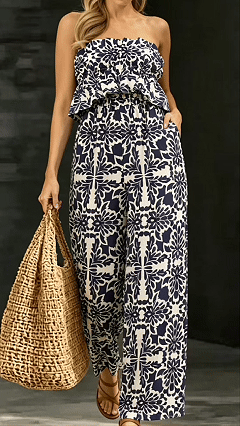 Women's Cotton‑blend Navy‑blue Floral‑print Strapless Ruffled Wide‑leg Jumpsuit