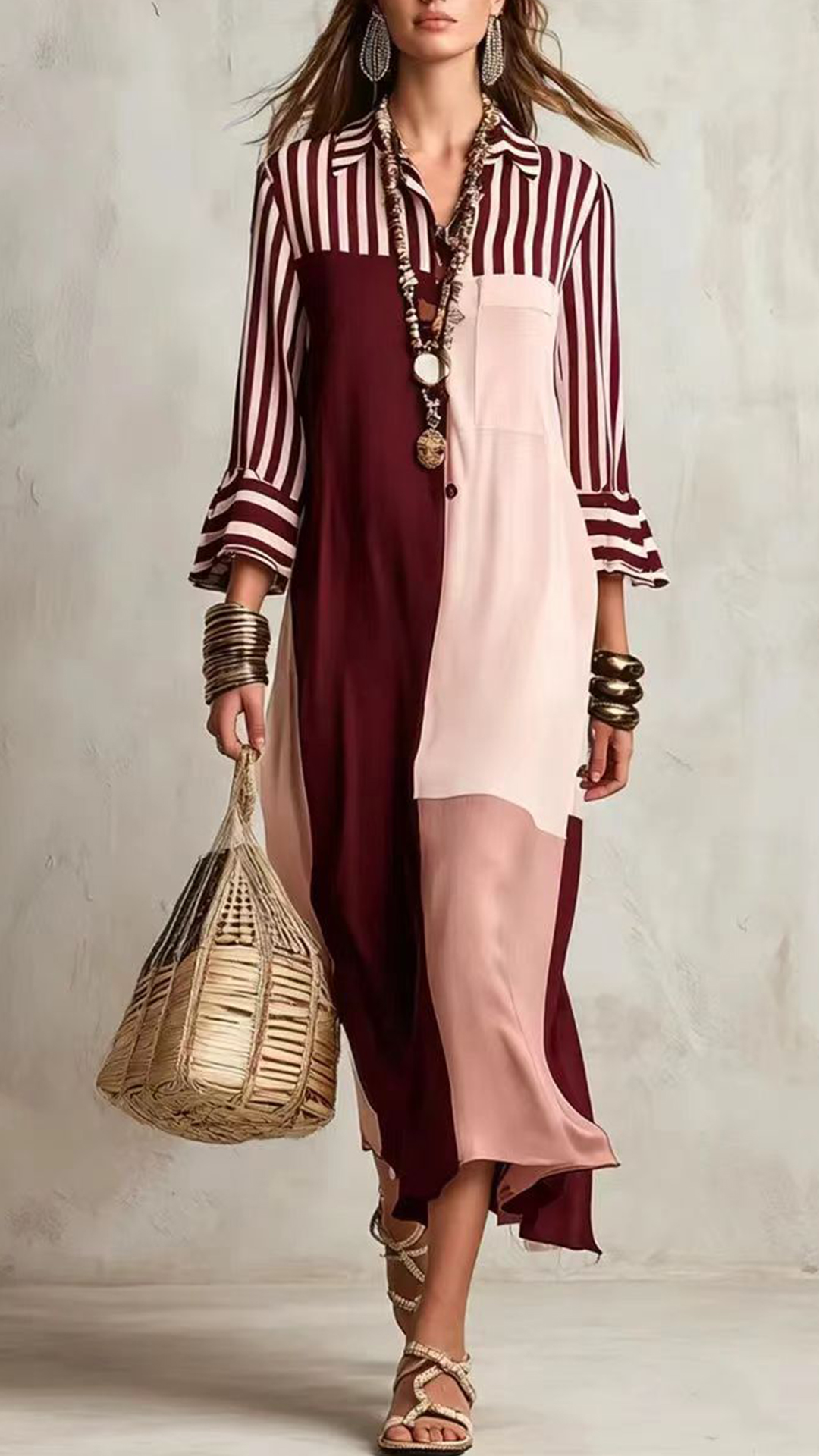 Women's Navy & Off-white Striped Collared Color-block Long Sleeve Dress
