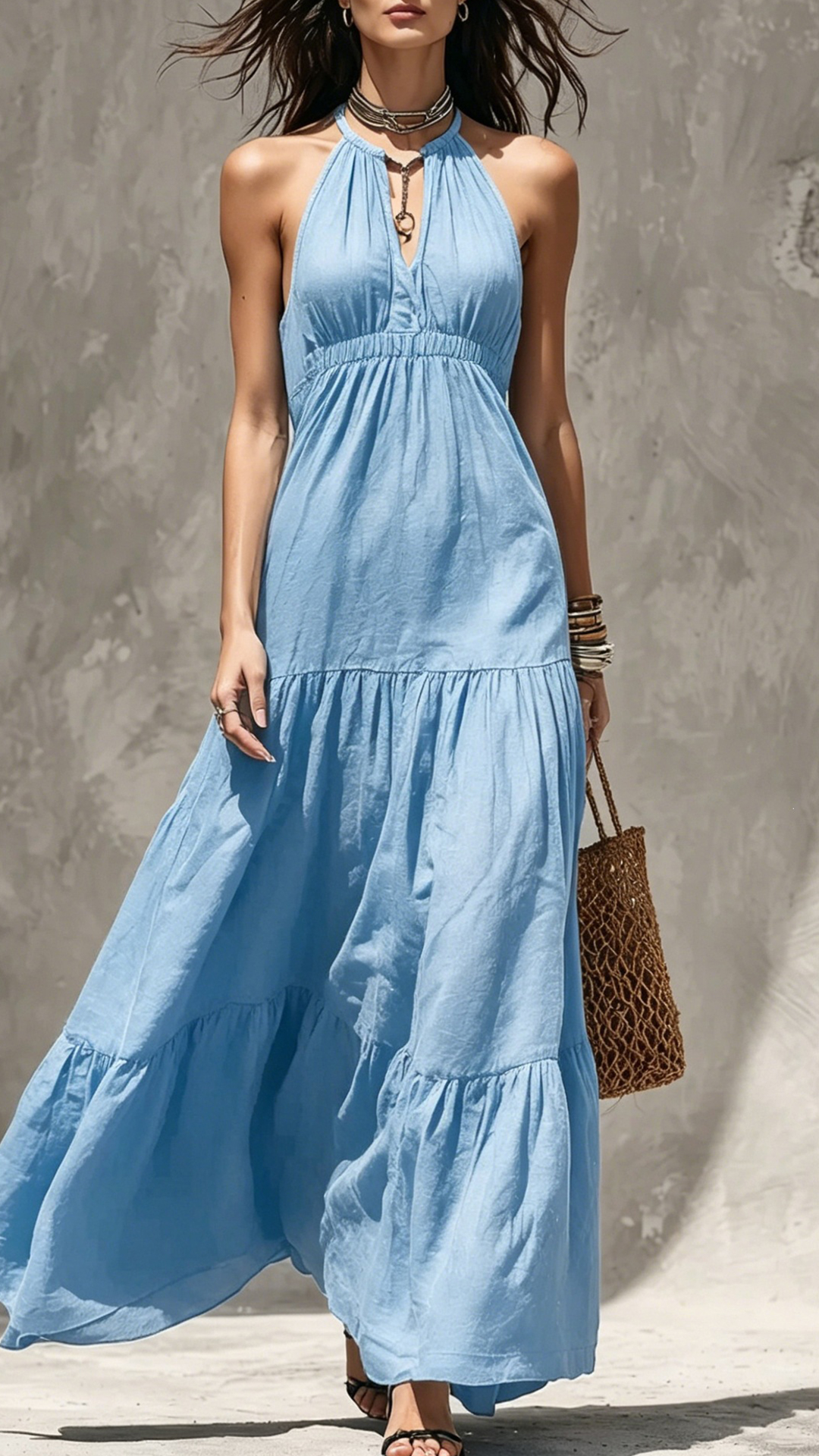 Women's Khaki Halter Waisted Tiered Maxi Dress